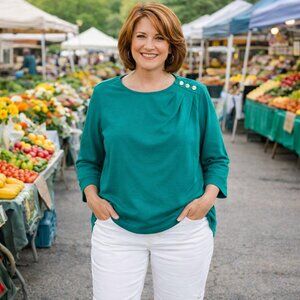 Investments Womens PL Teal Green Pullover Shirt ¾ Sleeves Silvertone Accents NWT